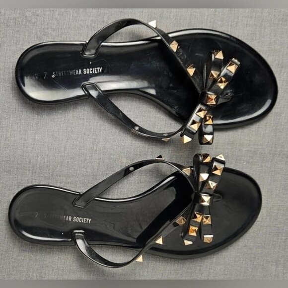 Streetwear Society Black Jelly Flip Flops with Brass Studs on the Bows. - Picture 4 of 9